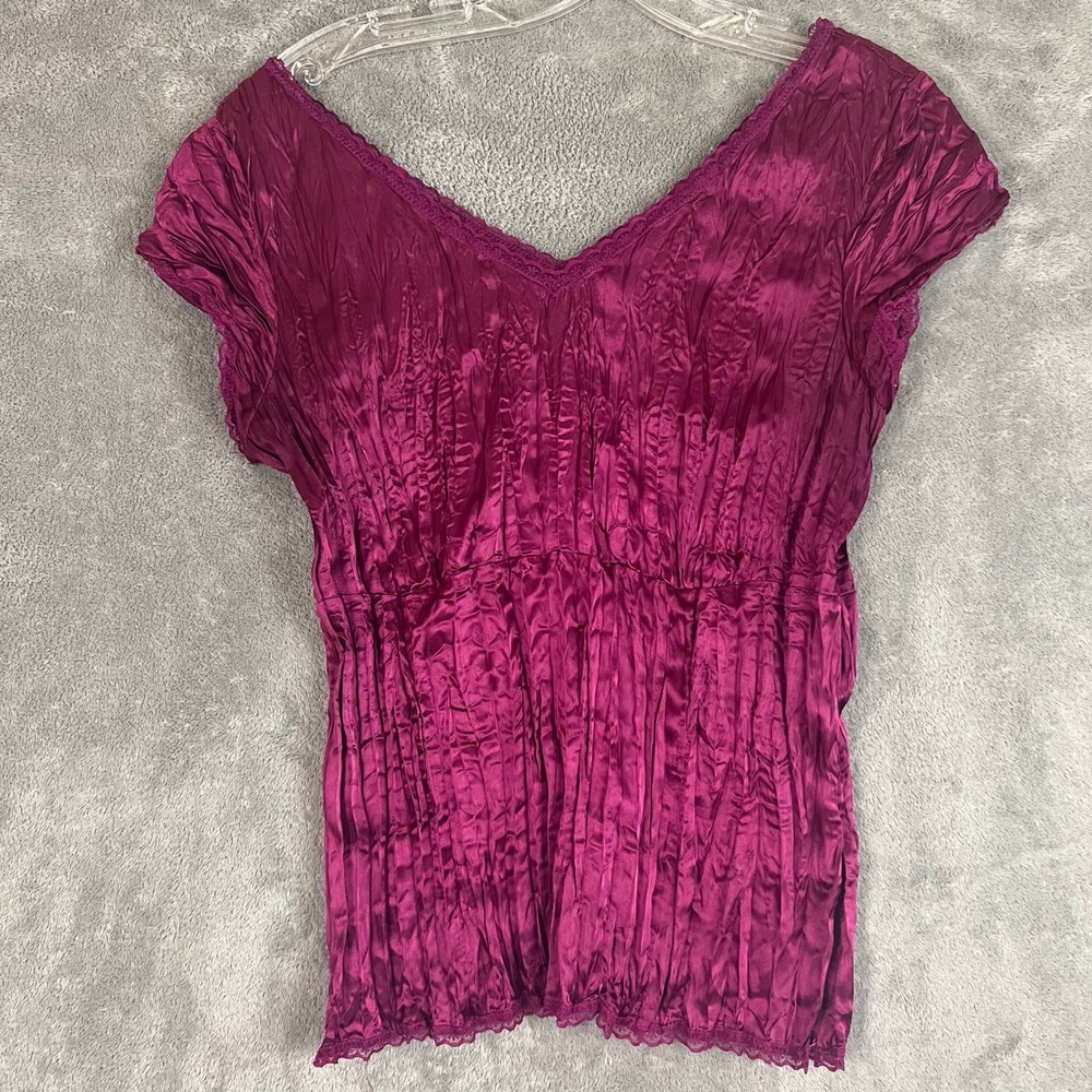 Vintage Y2K Crinkle Satin Top Womens M Cap Sleeve Whimsigoth Blouse Plum - Picture 7 of 8